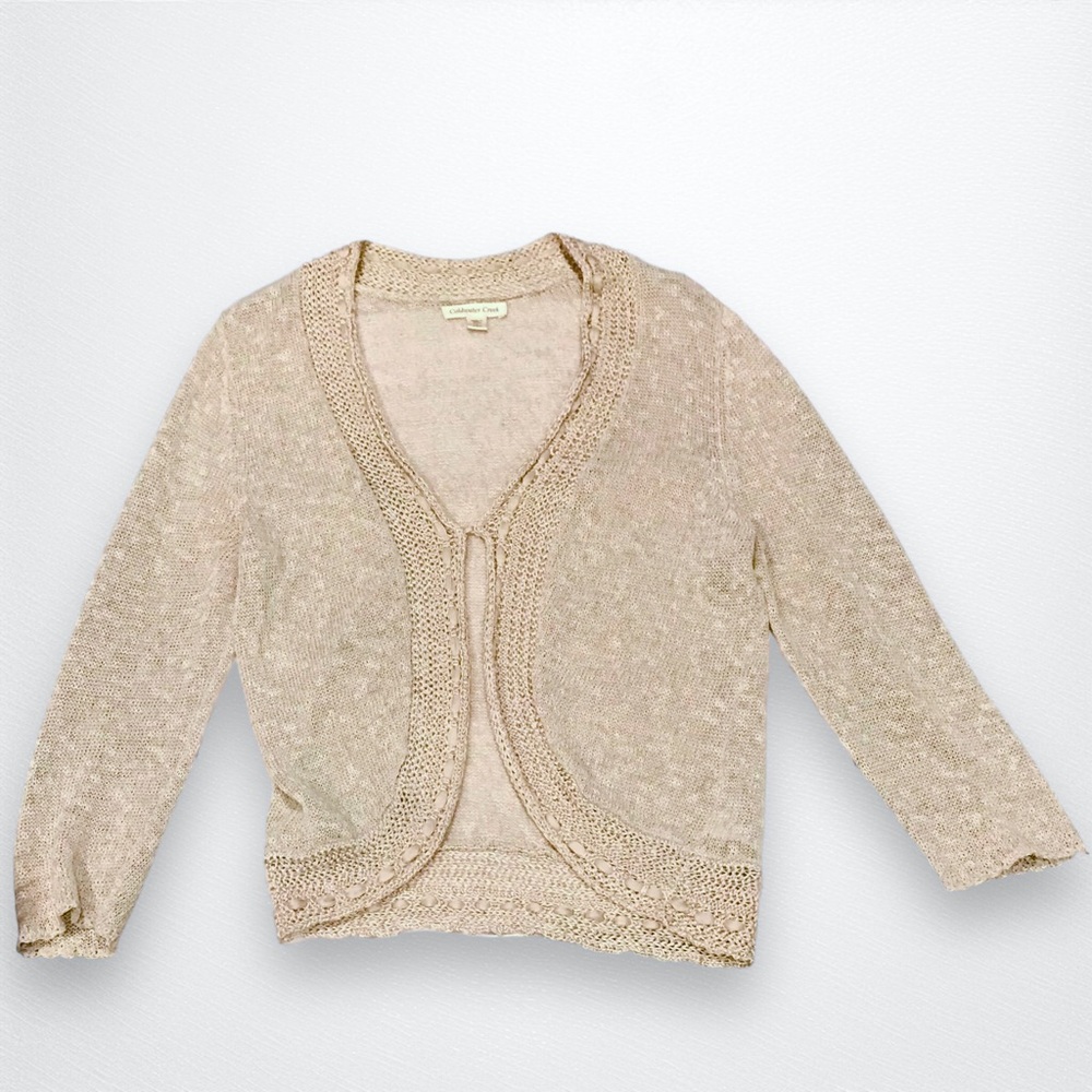 COLDWATER CREEK Linen Blend Cardigan with Satin Ribbon Accent - L